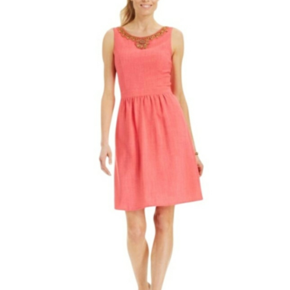 ELLEN TRACY Beaded Sleeveless Woven Dress